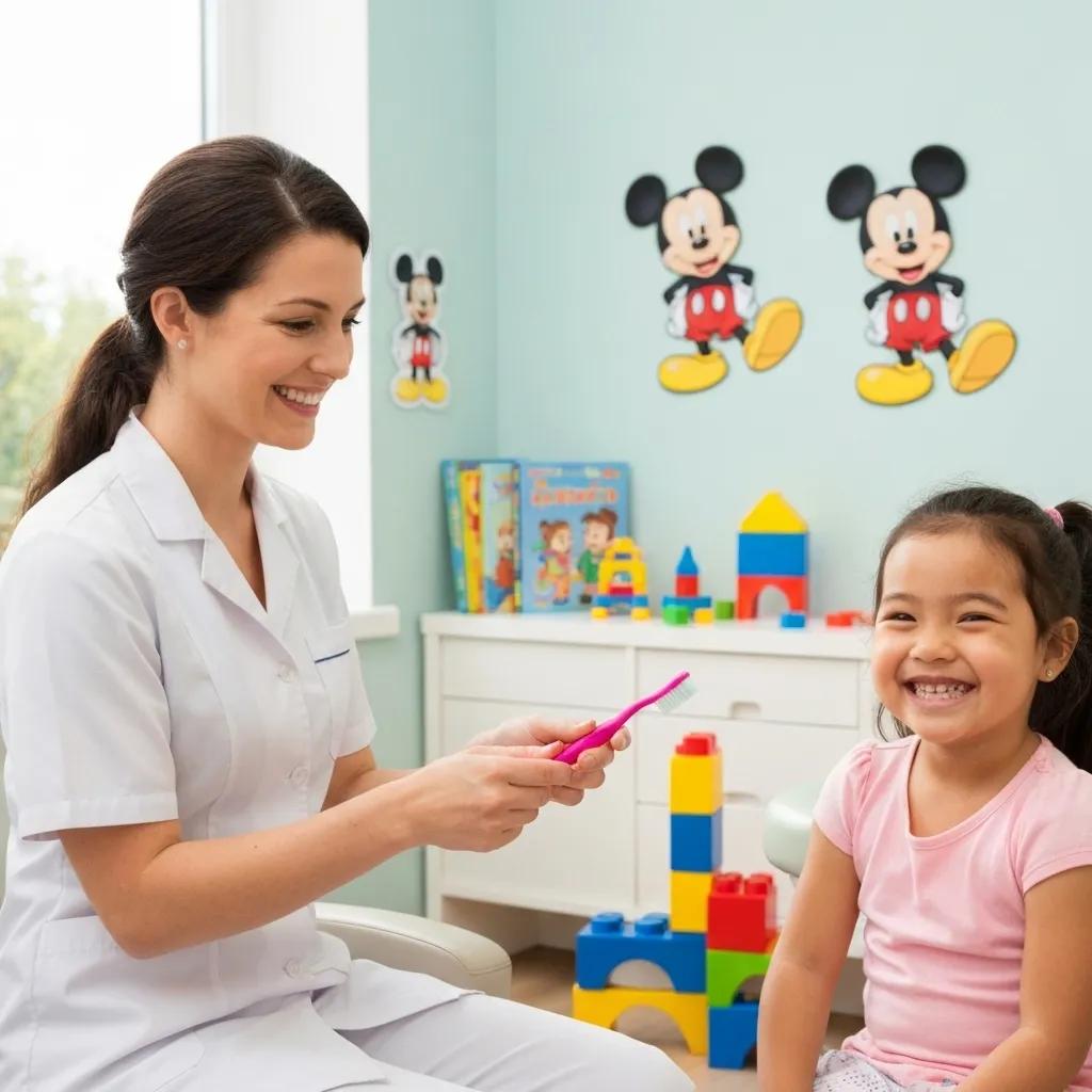 Pediatric dentist engaging with a child in a colorful dental office, emphasizing child-friendly care