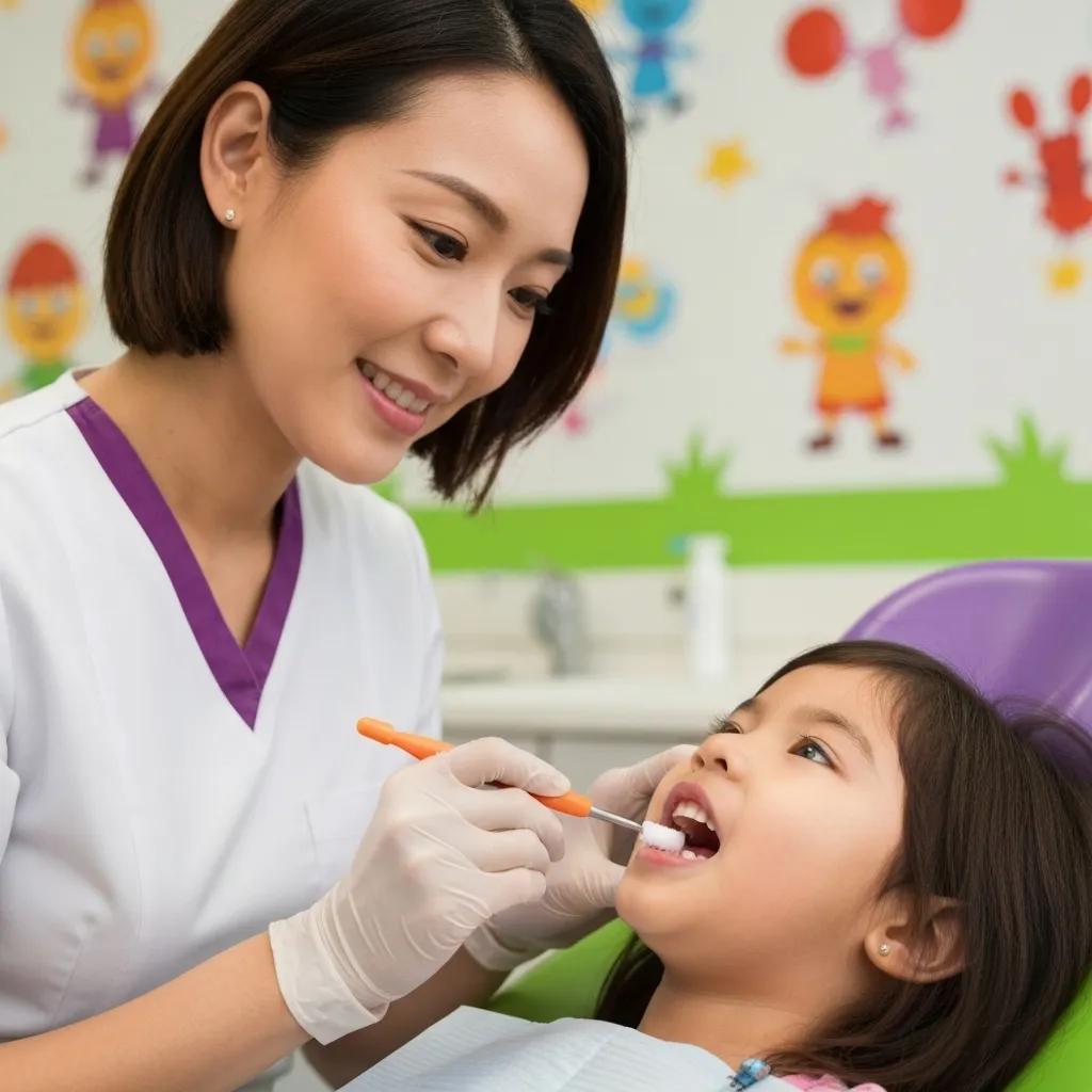 Pediatric dentist applying a fluoride treatment to a child's teeth in a friendly and reassuring dental setting